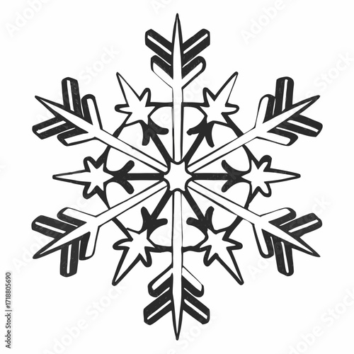 A detailed black and white hand drawn illustration of a snowflake with six points and intricate crystalline patterns isolated on a white background