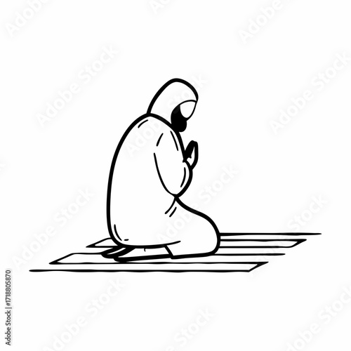 A muslim person wearing a headscarf and traditional clothing is depicted in a simple black and white line drawing kneeling in prayer on a prayer mat