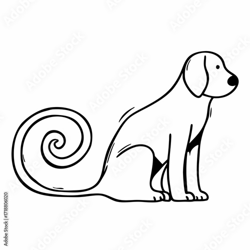 A simple black and white line drawing of a dog sitting patiently with its tail curled in a distinctive spiral shape