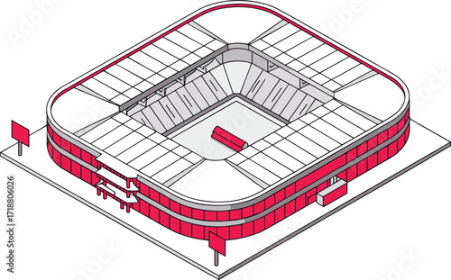 Isometric modern stadium illustration, sports arena architecture design, soccer football field vector, 3D perspective view, urban infrastructure concept