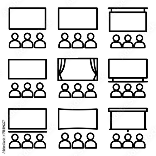 Presentation Screens and Audience Silhouettes in Various Configurations Simple Black Outlines.