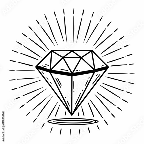 A stylized black and white line art illustration of a brilliant cut diamond radiating light rays from its center against a clean white background