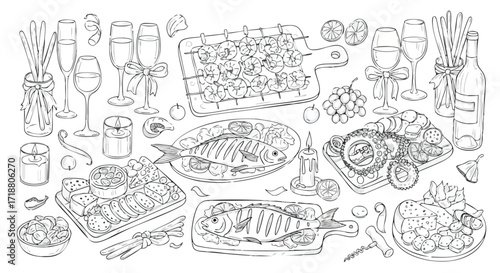 Elegant seafood feast sketch for coloring books and unique menu designs featuring grilled shrimp, fish, octopus, wine, grapes, and candles