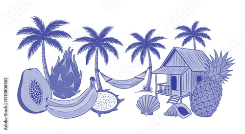 Dreamy tropical escape with exotic fruits, palm trees, a charming beach hut, and a relaxing hammock invites pure vacation bliss and serene island vibes.