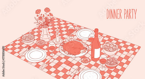 Invite friends to a vibrant dinner party with wine and candlelight, creating memories with this fun illustration for your blog or social media post