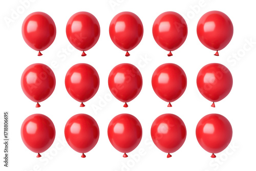 Collection of red balloons in rows isolated on transparent background. Set of red balloons isolated on white background.