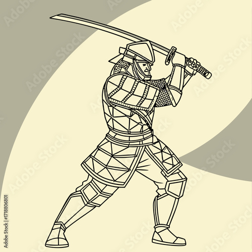 Dynamic line art illustration of a samurai warrior in full armor holding a katana sword ready to strike against a subtle background