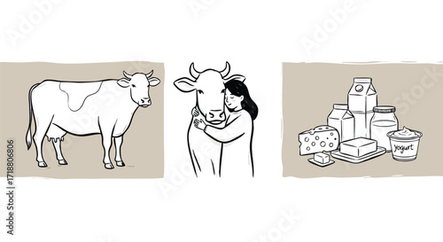 Dairy farm illustration featuring a friendly cow, a caring farmer, and fresh milk products perfect for food and nutrition campaigns
