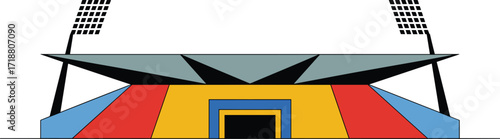 Modern colorful stadium illustration, sports arena with lights, vector architectural design, abstract stadium front view, event venue drawing