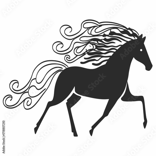 Elegant silhouette of a galloping horse with flowing mane and tail in a dynamic artistic style