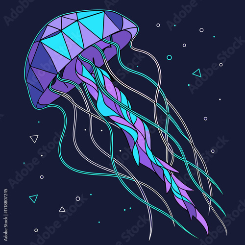 Geometric abstract jellyfish illustration with flowing tentacles and colorful polygonal shapes against a dark starry background