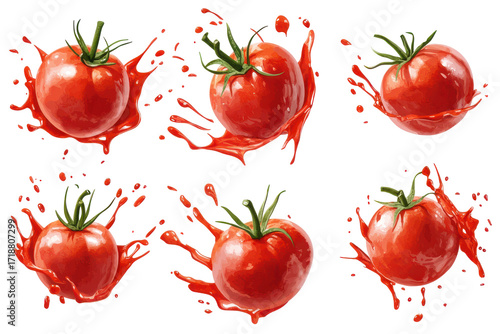 Fresh ripe tomatoes and chili peppers splashing isolated on transparent background. Set of red tomato ketchup splatters isolated on white background.