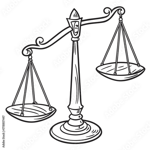 Hand drawn illustration of a classic justice scale with two empty pans symbolizing balance and fairness in a legal or ethical context