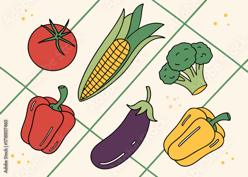 Colorful assortment of fresh vegetables on a grid background