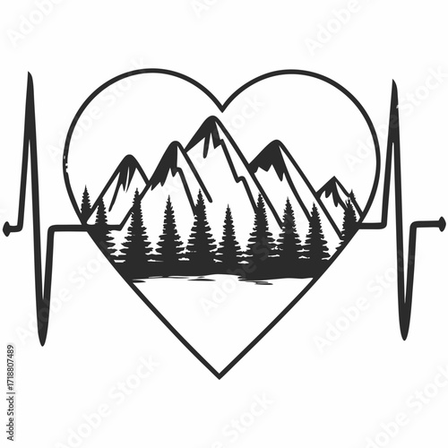 Heartbeat mountain landscape with pine trees inside a heart shape symbolizing love for nature and adventure