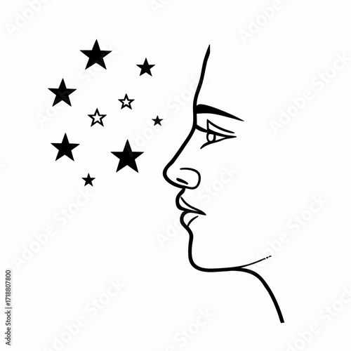 Minimalist black and white line art drawing of a woman s profile with a cluster of stars floating around her head symbolizing dreams or aspirations