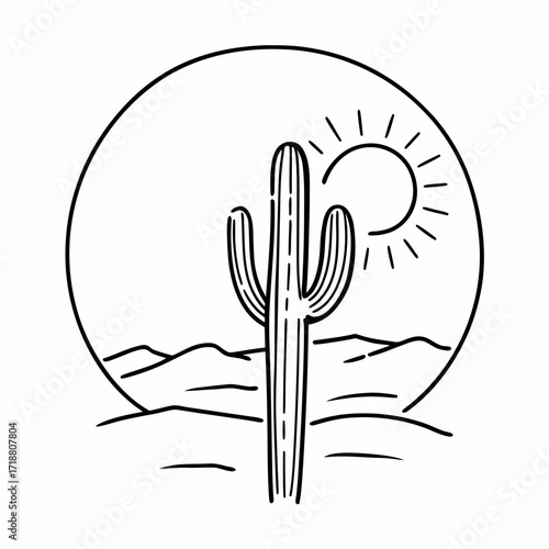 Minimalist black and white line art illustration of a saguaro cactus in a desert landscape with a sun behind a circular frame