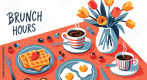 Bright and cheerful brunch scene with waffles, eggs, coffee, and vibrant tulips, perfect for inviting friends over.