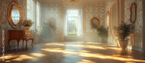 Wallpaper Mural Sunlit hallway in a luxurious mansion with antique furniture and mirrors. Torontodigital.ca