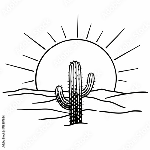 Minimalist black and white line art illustration of a saguaro cactus standing tall in a desert landscape with a large sun setting or rising behind rolling hills
