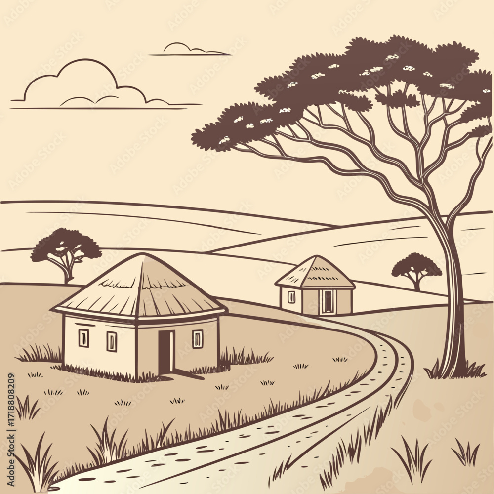 Naklejka premium Rustic african village scene with thatched roof huts and acacia trees under a cloudy sky a winding dirt road leading through the landscape