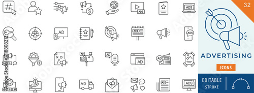 Advertising icon collection set. Editable stroke.