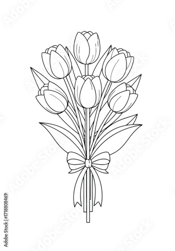 Vector illustration of illustration of bouquet of tulips tied with a ribbon, line art