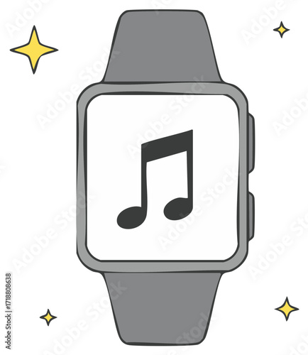 Hand drawn smartwatch displaying music application icon with bright sparkling elements