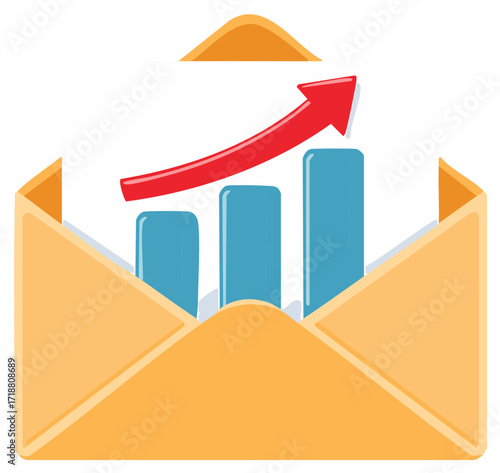 Email marketing with growth chart and up arrow emerging from an envelope
