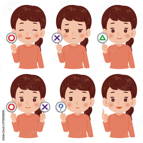 マルとバツなどの札を持った女性の上半身イラストセット／An illustration of a woman's upper body holding signs with a circle and a cross