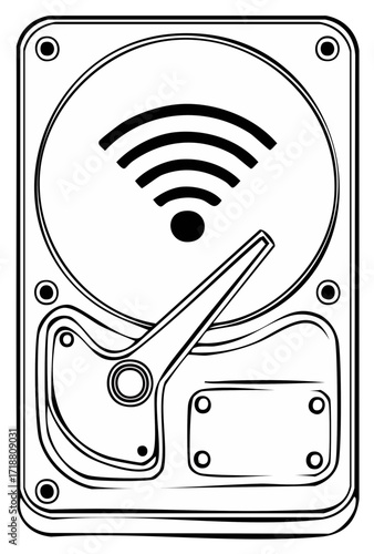 Hard Drive with Wireless Symbol Icon, Outline Illustration