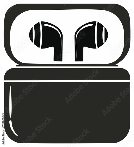 Wireless Earphones in Charging Case Modern Audio Technology Accessory Graphic
