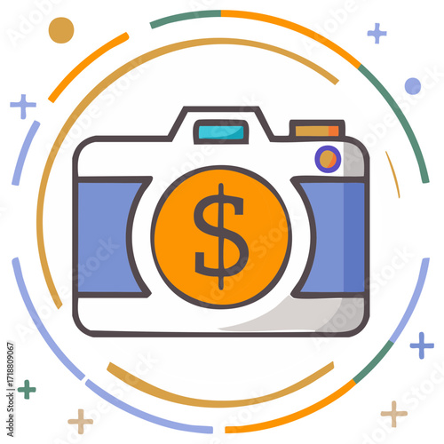 Illustrated camera with dollar sign symbolizing photo sales earning profits and artistic income