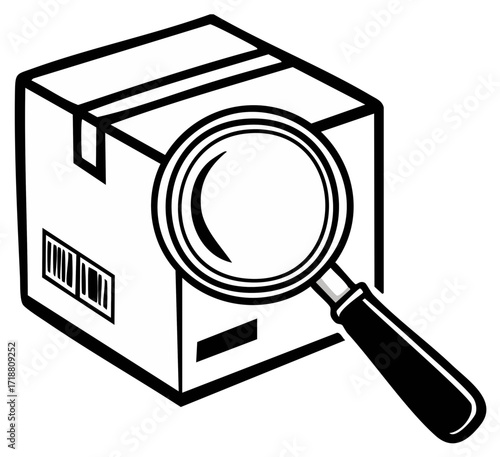 Cardboard Box and Magnifying Glass Icon Illustrating Inspection Process