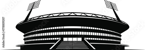 Stadium, icon, vector, silhouette, sports, arena, architecture, building, structure, black, white, modern, circular, design, entrance, floodlight, seating, minimal, graphic, illustration
