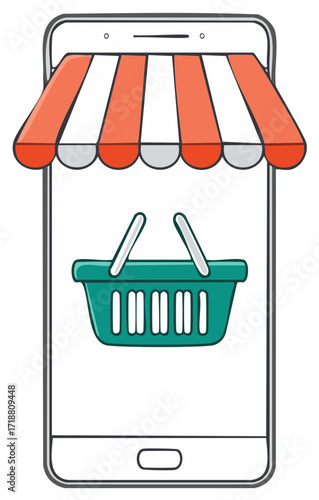 Mobile phone displaying a shopping basket and store awning symbolizing online commerce and retail