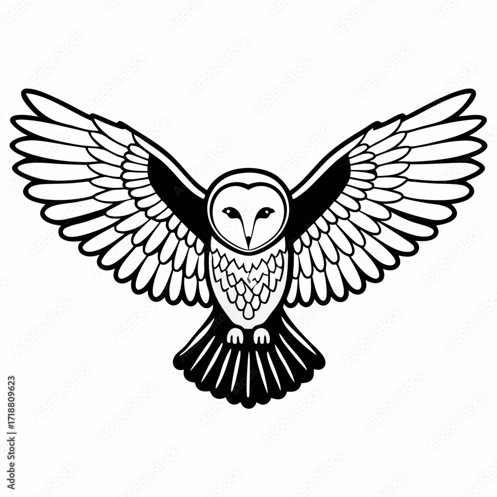 Fototapeta premium Stylized black and white barn owl in flight with wings spread wide against a white background