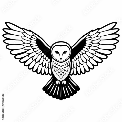 Stylized black and white barn owl in flight with wings spread wide against a white background