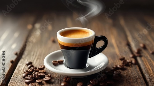 Espresso in a small, dark cup, steaming on a wooden table. Coffee beans scattered around