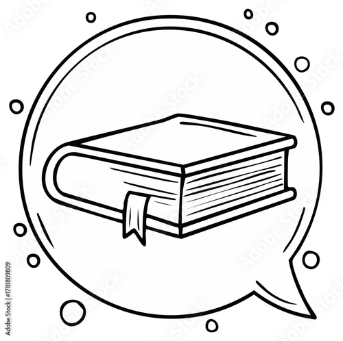 Hand drawn illustration of a book with a bookmark inside a speech bubble with scattered circles