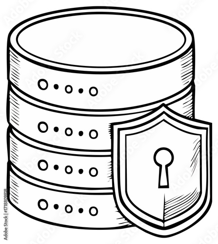 Secure database illustration with shield and keyhole, server data security concept