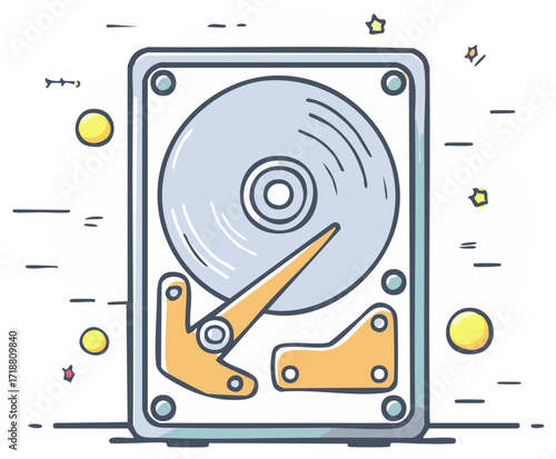 Hand drawn hard disk drive HDD computer hardware illustration for data storage and backup