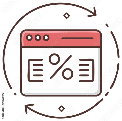 Online percentage or discount icon for promotions or finance concept with arrows and circular motion.