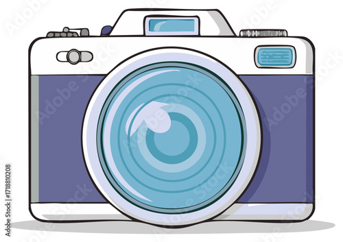 Hand drawn illustration of a retro purple and white photo camera with a large lens in a cartoon style