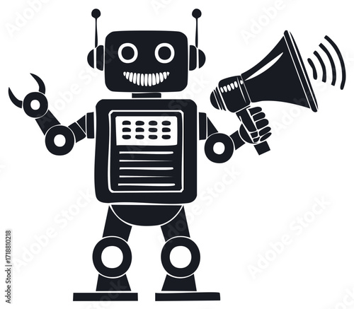 Vintage cartoon robot with a megaphone making a loud announcement