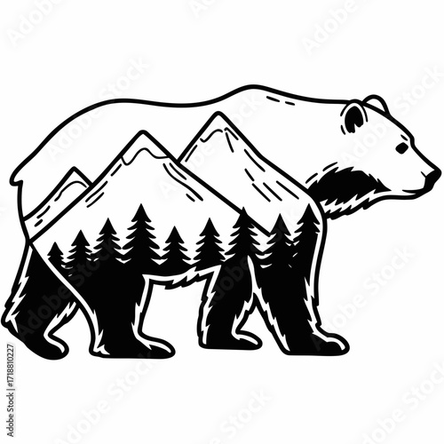 Stylized black and white illustration of a bear silhouette filled with a mountain range and pine trees creating a unique wilderness landscape design