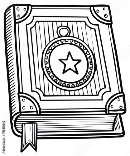 Vintage Book with Star Emblem and Bookmark Intricate Black and White Illustration