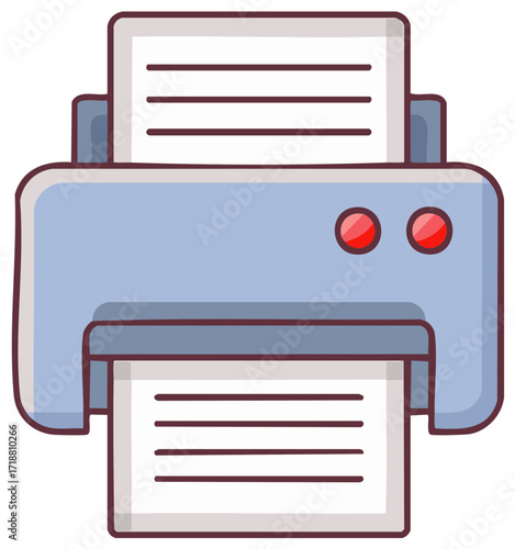 Cartoon illustration of a blue printer with two red lights, printing pages.
