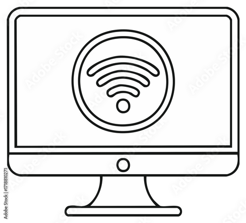 Computer monitor displaying a wireless signal icon in a simple line art style