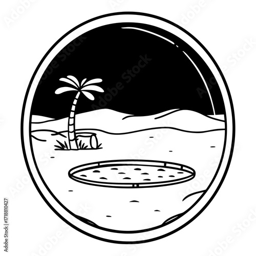 Stylized black and white illustration of a desert oasis with a palm tree and a small pool of water within a circular frame